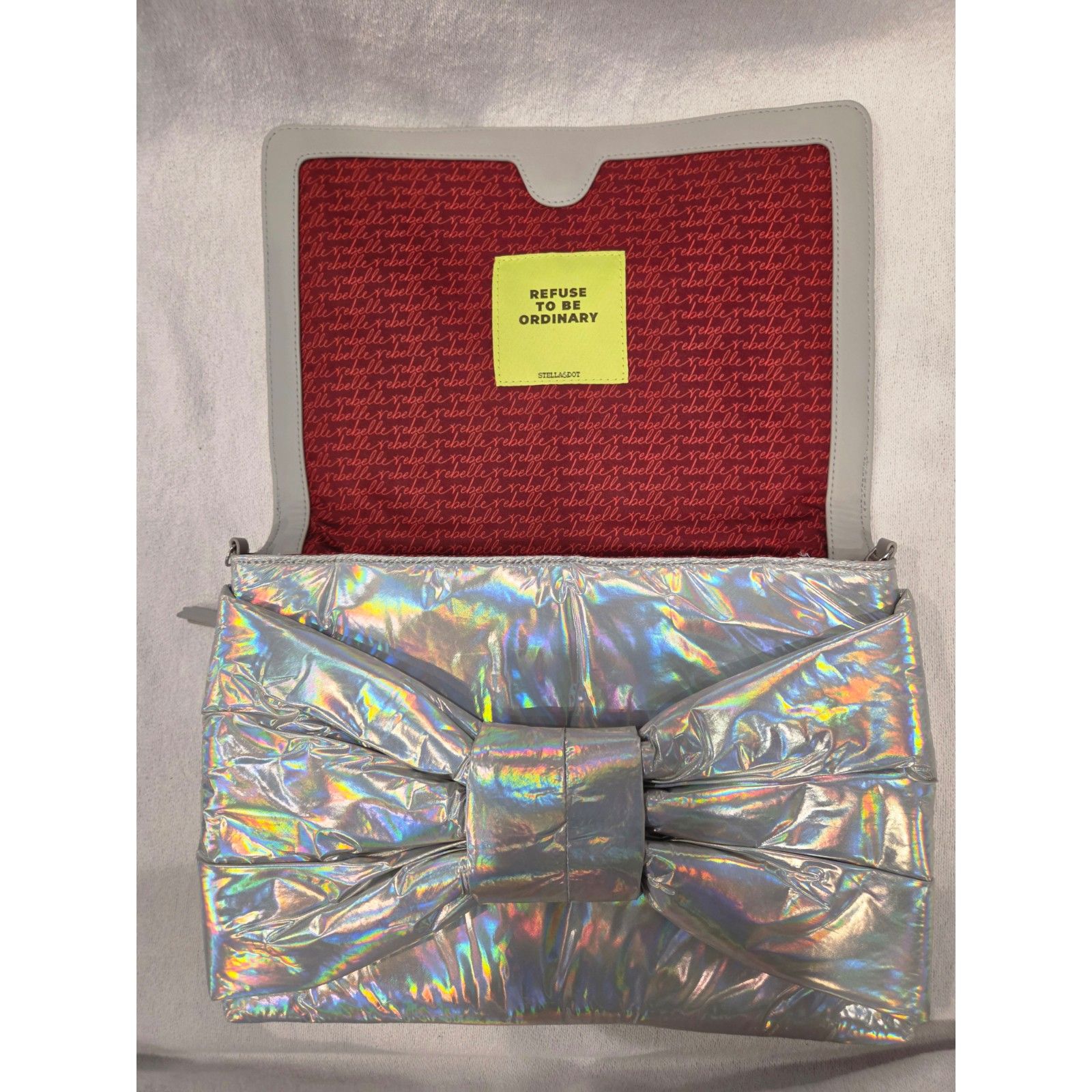Stella & Dot Holographic Iridescent Silver Bow Clutch Bag Quilted Puffer